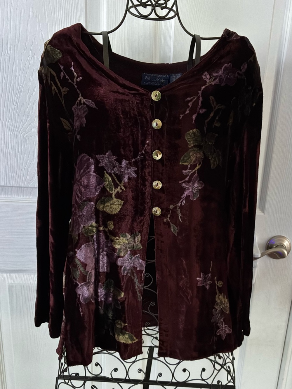 90s Vintage Whimsigoth Willow Ridge Burgundy Velvet Floral Blouse Fairy